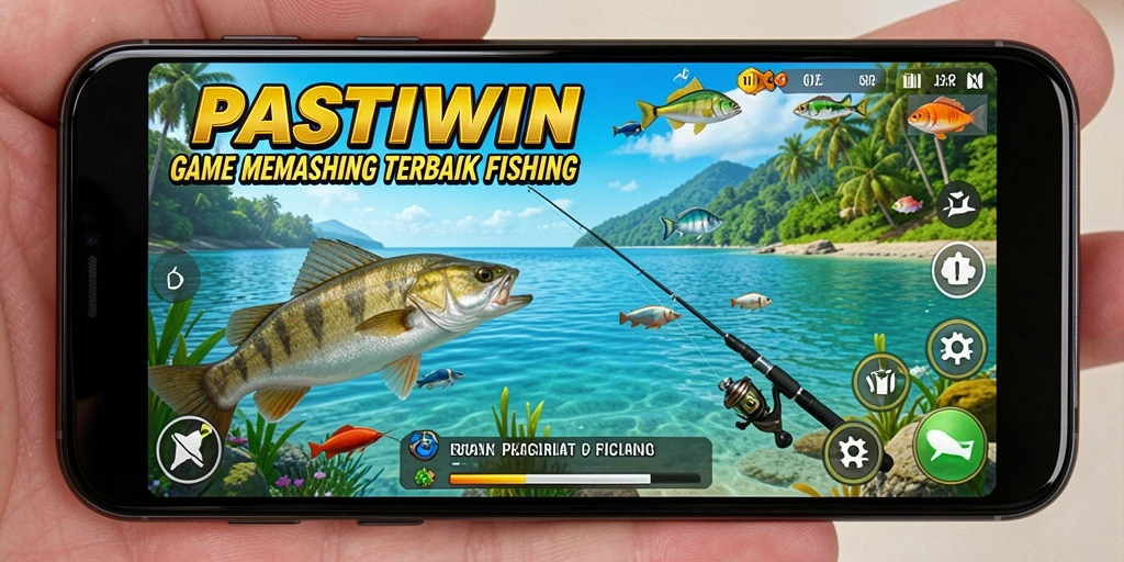Tampilan gameplay PASTIWIN saat menangkap ikan di lokasi indah.